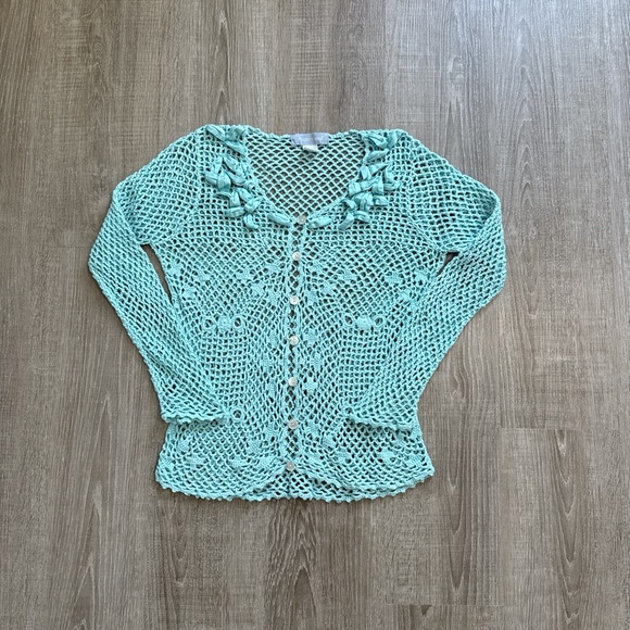Modern Soul Linen Cotton Blend Crochet Light Blue Button Front Cardigan Size XS - Picture 2 of 11
